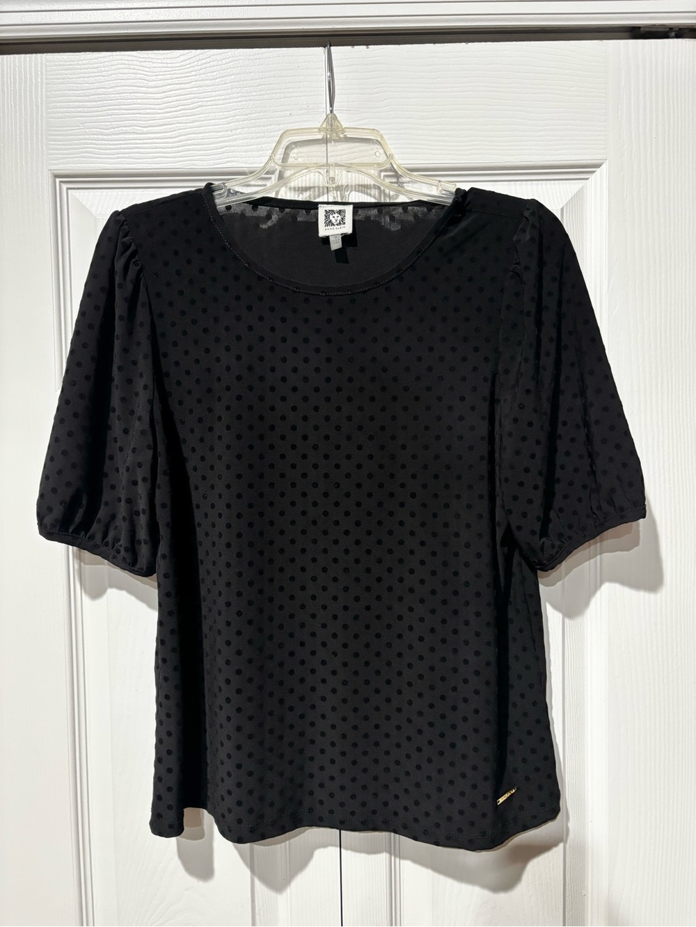 Anne Klein Black Swiss Dot Puff-Sleeve Top